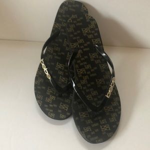 bebe Black Slim Crystal Logo Flip Flops